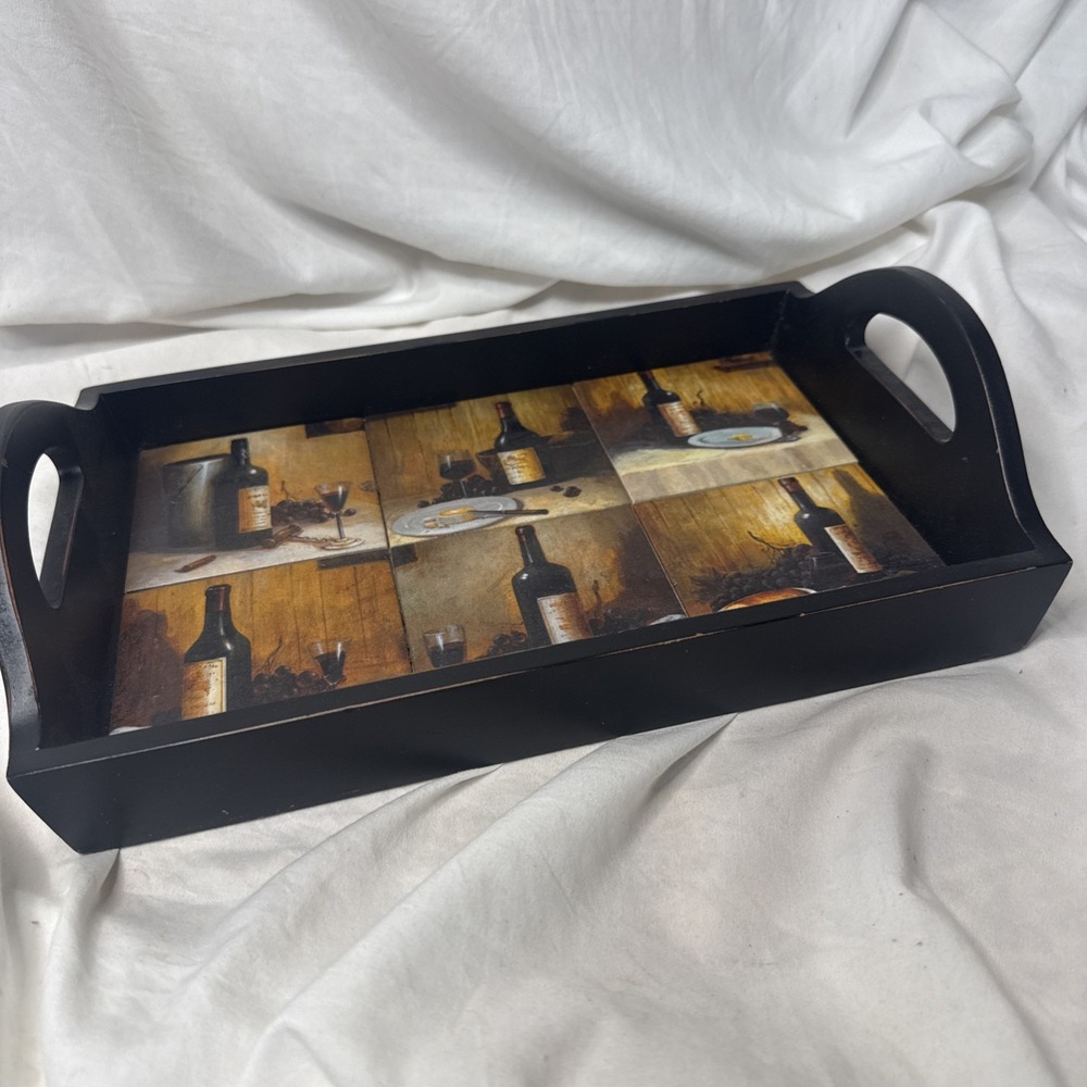VTG 90s Wine Cheese Tile Wood Tray Vineyard Chic Rustic Italian Charcuterie Cafe